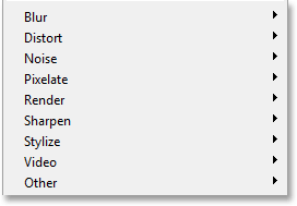 Kelompok filter di bawah menu Filter di Photoshop CS6. Image © 2013 Photoshop Essentials.com