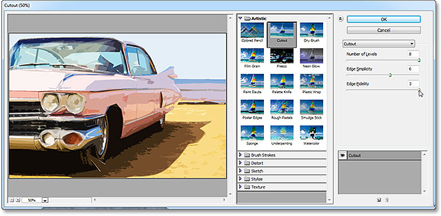 Pilihan filter Cutout di Galeri Filter. Image © 2013 Photoshop Essentials.com