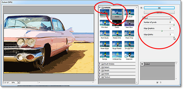 Pilihan filter Cutout di Galeri Filter di Photoshop CS6. Image © 2013 Photoshop Essentials.com