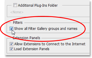 The Tampilkan semua kelompok Galeri Filter dan pilihan nama dalam preferensi Photoshop. Image © 2013 Photoshop Essentials.com