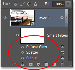 Setiap Smart Filter sekarang terdaftar dengan nama sebenarnya dalam panel Layers. Image © 2013 Photoshop Essentials.com