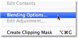 Memilih Blending Options dari menu panel Layers. Image © 2013 Photoshop Essentials.com.