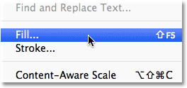Choosing the Fill command from the Edit menu. Image © 2013 Photoshop Essentials.com.