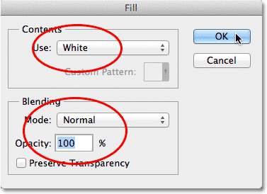 The Fill command dialog box and options. Image © 2013 Photoshop Essentials.com.