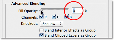 Mengatur pilihan Opacity Isi ke 0 dalam kotak dialog Layer Style. Image © 2013 Photoshop Essentials.com.