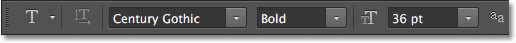 Choosing the font options in the Options Bar. Image © 2013 Photoshop Essentials.com.