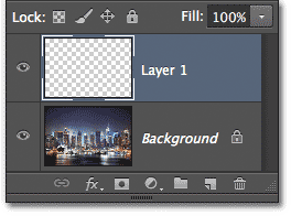 Sebuah layer baru, Layer 1, telah ditambahkan ke dokumen. Image © 2013 Photoshop Essentials.com.