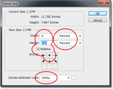 The Pilihan canvas Ukuran dan kotak dialog di Photoshop CS6. Image © 2013 Photoshop Essentials.com