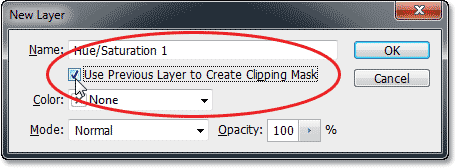 Memilih 'Gunakan Sebelumnya Layer untuk Buat Kliping Mask' pilihan di kotak dialog New Layer. Image © 2013 Photoshop Essentials.com