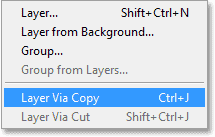 Seçerek Yeni Layer via Copy komutu Photoshop Katman menüsü. Görüntü © Photoshop 2013 Essentials.com