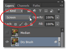 Mengubah modus campuran lapisan Brush kering ke Screen. Image © 2013 Photoshop Essentials.com