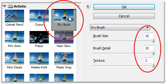 Pilihan Sikat kering di Galeri Filter di Photoshop CS6. Image © 2013 Photoshop Essentials.com