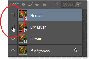 Mengklik ikon visibilitas lapisan untuk bagian atas dua lapisan dalam panel Layers. Image © 2013 Photoshop Essentials.com