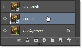 Memilih lapisan Cutout di panel Layers. Image © 2013 Photoshop Essentials.com
