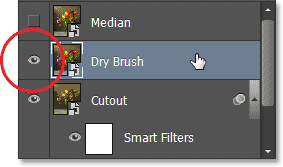 Memilih dan menghidupkan lapisan Brush kering dalam panel Layers. Image © 2013 Photoshop Essentials.com