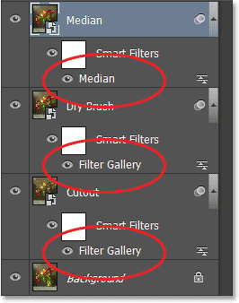 Panel Layers menampilkan nama-nama Filter Cerdas digunakan dalam efek. Image © 2013 Photoshop Essentials.com