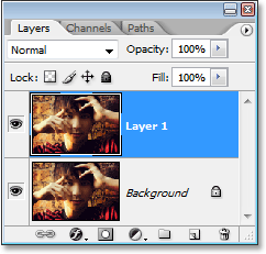 Photoshop dari palet Layers sekarang menunjukkan duplikat dari layer Background, bernama 'Layer 1'.