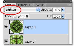 Changing the blend mode for Layer 3 to Lighten in Photoshop. Image © 2010 Photoshop Essentials.com.