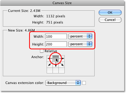 Doubling the height of the canvas in Photoshop. Image © 2010 Photoshop Essentials.com.