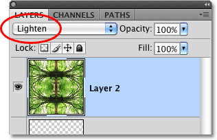 Changing the blend mode for Layer 2 to Lighten. Image © 2010 Photoshop Essentials.com.