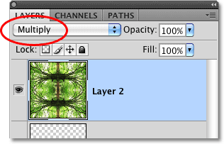 Changing the blend mode for Layer 2 to Multiply. Image © 2010 Photoshop Essentials.com.