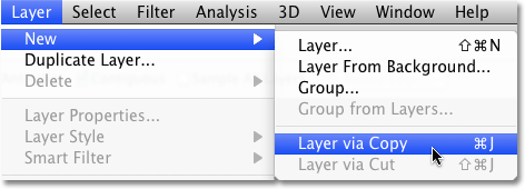 The New Layer via Copy command in Photoshop. Image © 2010 Photoshop Essentials.com.