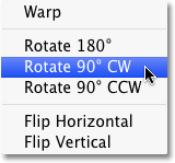 The Rotate 90° CW command in Photoshop. Image © 2010 Photoshop Essentials.com.