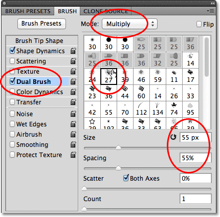 Dual Brush pilihan dalam Brushes Panel di Photoshop. Gambar © 2011 Photoshop Essentials.com.