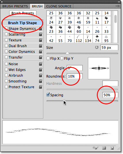 The Brush Tip Shape pilihan di Brushes Panel di Photoshop. Gambar © 2011 Photoshop Essentials.com.