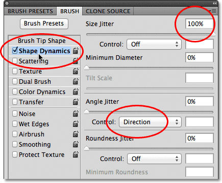 Pilihan Dinamika Shape di Brushes Panel di Photoshop. Gambar © 2011 Photoshop Essentials.com.