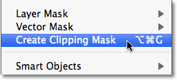 Pergi ke Layer> Create Clipping Mask. Image © 2010 Photoshop Essentials.com.