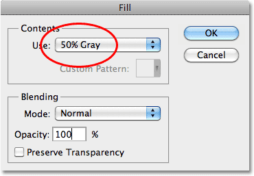 Mengatur Gunakan pilihan dalam kotak dialog Fill to 50% Gray. Image © 2010 Photoshop Essentials.com.