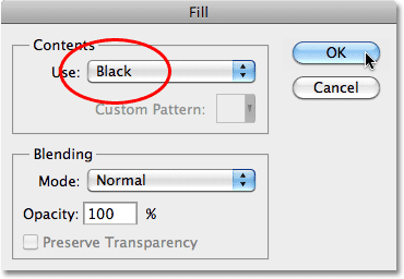 Mengatur Gunakan pilihan dalam kotak dialog Fill to Black. Image © 2010 Photoshop Essentials.com.