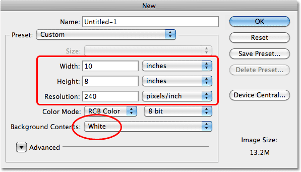 Dokumen Baru kotak dialog di Photoshop. Image © 2010 Photoshop Essentials.com.