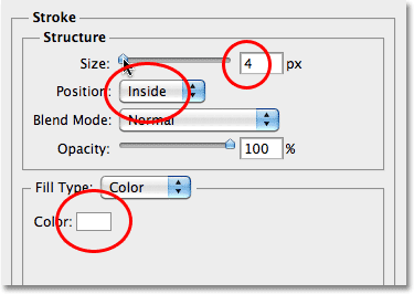 Pilihan untuk Stroke pada kotak dialog Layer Style. Image © 2010 Photoshop Essentials.com.