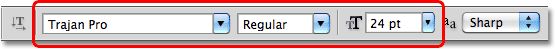 Pilihan font untuk Type Tool di Photoshop. Image © 2010 Photoshop Essentials.com.