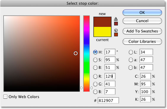 Memilih jeruk dari Color Picker di Photoshop. Image © 2010 Photoshop Essentials.com.