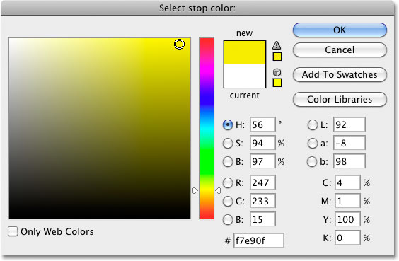 Memilih kuning dari Color Picker di Photoshop. Image © 2010 Photoshop Essentials.com.