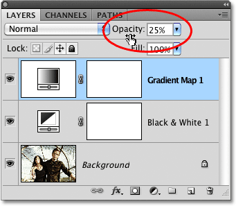 Menurunkan Opacity dari lapisan penyesuaian Gradient Map. Image © 2010 Photoshop Essentials.com.