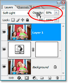 Lower the opacity of the top layer to reduce the amount of color