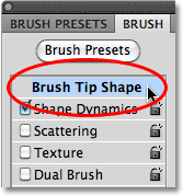 The Brush Tip Shape option in the Brushes panel in Photoshop. Image © 2010 Photoshop Essentials.com.