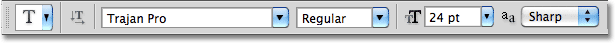 Choosing a font from the Options Bar in Photoshop. Image © 2010 Photoshop Essentials.com.