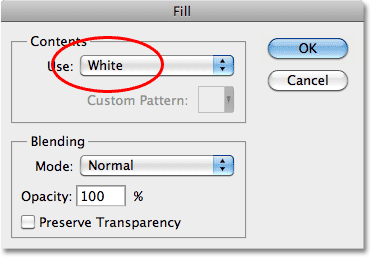 The Fill command dialog box in Photoshop. Image © 2010 Photoshop Essentials.com.