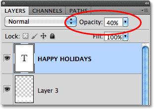 Lowering the opacity of the text to 40%. Image © 2010 Photoshop Essentials.com.