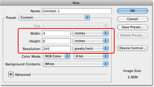The New Document dialog box in Photoshop. Image © 2010 Photoshop Essentials.com.