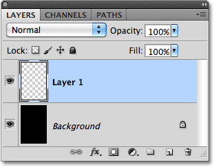 A new layer has been added in the Layers panel. Image © 2010 Photoshop Essentials.com.