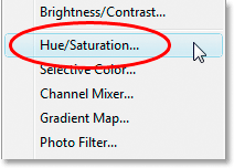 Selecting 'Hue/Saturation' from the list of Adjustment Layers