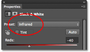 Memilih preset Infrared untuk lapisan penyesuaian Black & White. Image © 2012 Photoshop Essentials.com.