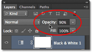 Menurunkan opacity layer penyesuaian di panel Layers. Image © 2012 Photoshop Essentials.com.