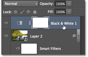 Memilih lapisan penyesuaian Black & White dalam panel Layers. Image © 2012 Photoshop Essentials.com.